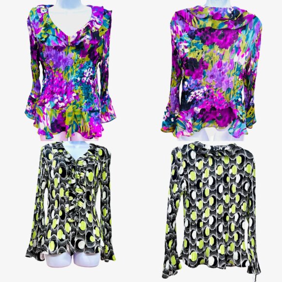 Allison Taylor Tops - Allison Taylor & Laura Max Blouse L+XL Pleated Ruffle V-Neck Bell Sleeve(#53